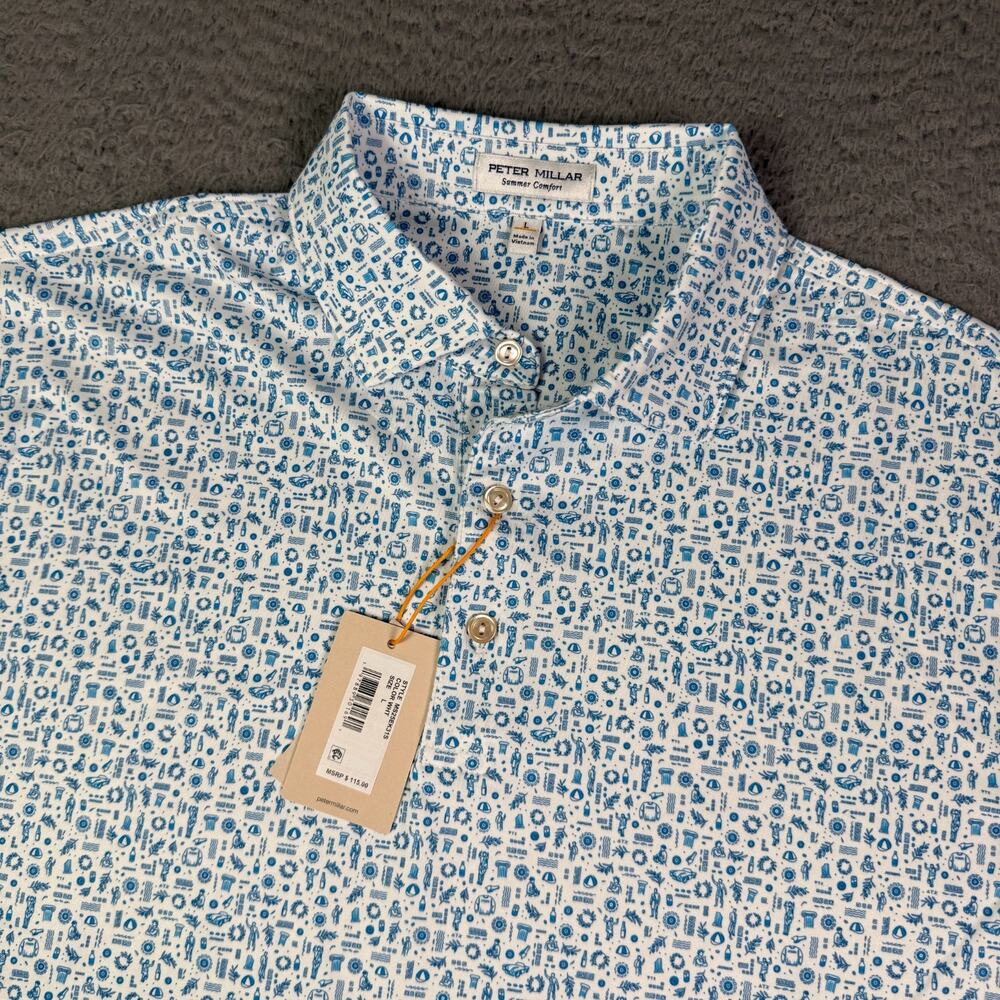 Peter Millar Summer Comfort Golf Polo Shirt Mens L Toga Party Greek Frat Print